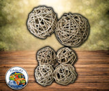Beak Stop natural vine ball shreddable foot toys for parrots and small birds in a 4 pack.