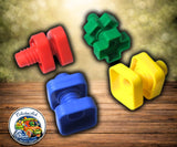 Beak Stop plastic nuts and bolts interactive foot toy for medium and large parrots in assorted colors.