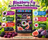Burst of Flavor Freeze-Dried Chop in Blackberry Fig flavor made with carrots, celery, green peppers, broccoli, cauliflower, kale, apples, bananas, vegetables, blackberries, and Condria figs for all parrot species. Promotional Image 1