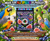 Blueberry Fig Burst of Flavor Battered Chop parrot treat made with carrots, celery, green peppers, broccoli, cauliflower, kale, Red Delicious apples, Granny Smith apples, bananas, okra, green beans, corn, green peas, papaya, and carrot for all parrot species. Promo 2