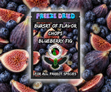 Blueberry Fig Burst of Flavor Battered Chop parrot treat made with carrots, celery, green peppers, broccoli, cauliflower, kale, Red Delicious apples, Granny Smith apples, bananas, okra, green beans, corn, green peas, papaya, and carrot for all parrot species