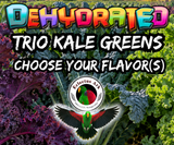 Dehydrated Trio Kale Greens for parrots made with Green Kale, Lacinato Kale, and Red Scarlet Kale, dried into crunchy greens that can be served as a treat, mixed into seed, pellets, chop, or used as a food topper. Choose Your Flavor(s)