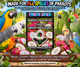 Dragon Fruit Coconut Battered Burst of Flavor Freeze-Dried Chop parrot treat made with carrots, celery, green peppers, broccoli, cauliflower, kale, Red Delicious apples, Granny Smith apples, bananas, okra, green beans, corn, green peas, papaya, and carrot for all parrot species. Promotional Image 2