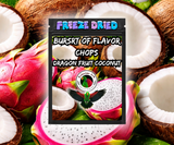 Dragon Fruit Coconut Battered Burst of Flavor Freeze-Dried Chop parrot treat made with carrots, celery, green peppers, broccoli, cauliflower, kale, Red Delicious apples, Granny Smith apples, bananas, okra, green beans, corn, green peas, papaya, and carrot for all parrot species.