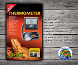 Exo Terra Digital Thermometer by Hagen with remote sensor, suction cup, minimum and maximum temperature memory, and mounting options for brooders and enclosures.