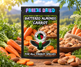 Freeze-Dried Battered Almonds choose your flavor bird treat made with almonds in a 4.7 x 7.9 inch heat sealed resealable bag for parrot foraging, enrichment toys, and special rewards. Flavor - Carrot Bag