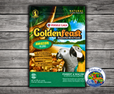 Goldenfeast Amazon Blend bird food with safflower, oats, cashews, almonds, walnuts, pumpkin seeds, pineapple, papaya, mango, cranberries, Brazil nuts, pecans, figs, and protected probiotics for parrots, macaws, cockatoos, and large birds. 3 lb bag