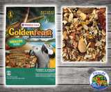 Goldenfeast Amazon Blend bird food for parrots, macaws, cockatoos, and large birds with fruits, vegetables, nuts, seeds, grains, and protected probiotics.