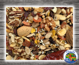 Goldenfeast Amazon Blend bird food with safflower, oats, cashews, almonds, walnuts, pumpkin seeds, pineapple, papaya, mango, cranberries, Brazil nuts, pecans, figs, and protected probiotics for parrots, macaws, cockatoos, and large birds. Close Up of Product