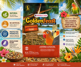 Goldenfeast Australian Blend bird food with white millet, cashews, roasted soybeans, oats, almonds, walnuts, flaxseed, papaya, pineapple, dates, beets, apricots, chamomile, parsley flakes, and protected probiotics for cockatiels, lovebirds, budgies, canaries, finches, and small to medium birds. 17.5 l bag Promotional Image