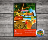 Goldenfeast Australian Blend bird food with white millet, cashews, roasted soybeans, oats, almonds, walnuts, flaxseed, papaya, pineapple, dates, beets, apricots, chamomile, parsley flakes, and protected probiotics for cockatiels, lovebirds, budgies, canaries, finches, and small to medium birds. 17.5 lb bag