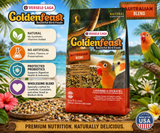 Goldenfeast Australian Blend bird food with white millet, cashews, roasted soybeans, oats, almonds, walnuts, flaxseed, papaya, pineapple, dates, beets, apricots, chamomile, parsley flakes, and protected probiotics for cockatiels, lovebirds, budgies, canaries, finches, and small to medium birds. 3 lb bag Promotional Image