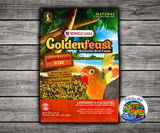 Goldenfeast Australian Blend bird food with white millet, cashews, roasted soybeans, oats, almonds, walnuts, flaxseed, papaya, pineapple, dates, beets, apricots, chamomile, parsley flakes, and protected probiotics for cockatiels, lovebirds, budgies, canaries, finches, and small to medium birds. 3 lb  bag