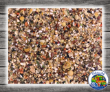 Goldenfeast Australian Blend bird food for lovebirds, cockatiels, parrotlets, budgies, canaries, finches, and small to medium birds with seeds, fruits, vegetables, nuts, grains, and protected probiotics. Close Up View
