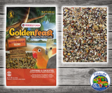 Goldenfeast Australian Blend bird food for lovebirds, cockatiels, parrotlets, budgies, canaries, finches, and small to medium birds with seeds, fruits, vegetables, nuts, grains, and protected probiotics.