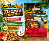 Goldenfeast Bean Supreme Treat Mix bird treat with cashews, almonds, walnuts, roasted soybeans, black beans, red beans, garbanzo beans, pinto beans, pineapple, mango, carrots, peas, beets, cherries, apples, cranberries, sweet potatoes, pecans, pistachios, and hazelnuts for parrots, macaws, cockatoos, and large birds. 17.5 lb bag Promotional Image