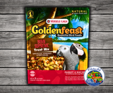 Goldenfeast Bean Supreme Treat Mix bird treat with cashews, almonds, walnuts, roasted soybeans, black beans, red beans, garbanzo beans, pinto beans, pineapple, mango, carrots, peas, beets, cherries, apples, cranberries, sweet potatoes, pecans, pistachios, and hazelnuts for parrots, macaws, cockatoos, and large birds. 17.5 lb bag