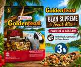 Goldenfeast Bean Supreme Treat Mix bird treat with cashews, almonds, walnuts, roasted soybeans, black beans, red beans, garbanzo beans, pinto beans, pineapple, mango, carrots, peas, beets, cherries, apples, cranberries, sweet potatoes, pecans, pistachios, and hazelnuts for parrots, macaws, cockatoos, and large birds. 3 lb bag Promotional Image
