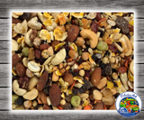 Goldenfeast Bean Supreme Treat Mix for parrots, macaws, cockatoos, and large birds with legumes, nuts, dried fruits, vegetables, seeds, and grains. Close Up View