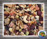 Goldenfeast Caribbean Blend bird food for parrots, macaws, cockatoos, and large birds with tropical fruits, vegetables, nuts, legumes, seeds, grains, and protected probiotics. Close up view