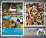 Goldenfeast Caribbean Blend bird food for parrots, macaws, cockatoos, and large birds with tropical fruits, vegetables, nuts, legumes, seeds, grains, and protected probiotics.