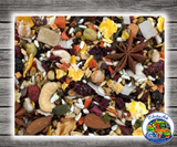 Goldenfeast Central American Blend bird food for conures, cockatiels, parrots, and medium to large birds with seeds, fruits, vegetables, nuts, legumes, grains, and protected probiotics. close up