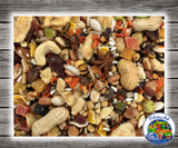 Goldenfeast Indonesian Blend bird food for parrots, macaws, cockatoos, and large birds, featuring a natural foraging blend with cashews, bananas, dates, seeds, legumes, dried fruits, vegetables, and protected probiotics. Close Up
