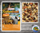 Goldenfeast Indonesian Blend bird food for parrots, macaws, cockatoos, and large birds, featuring a natural foraging blend with cashews, bananas, dates, seeds, legumes, dried fruits, vegetables, and protected probiotics.