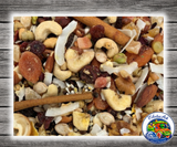 Goldenfeast Madagascar Blend bird food for parrots, macaws, cockatoos, and large birds, featuring a natural foraging blend with papaya, Ceylon cinnamon, sweet potatoes, apples, nuts, seeds, fruits, vegetables, legumes, and protected probiotics Close Up