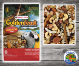 Goldenfeast Madagascar Blend bird food for parrots, macaws, cockatoos, and large birds, featuring a natural foraging blend with papaya, Ceylon cinnamon, sweet potatoes, apples, nuts, seeds, fruits, vegetables, legumes, and protected probiotics