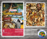 Goldenfeast Paradise Treat Mix for parrots, macaws, cockatoos, and large birds, featuring a natural treat blend with papaya, coconut, apricots, nuts, seeds, vegetables, fruits, legumes, and grains.