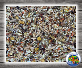 Goldenfeast Patagonian Blend bird food for lovebirds, cockatiels, parrotlets, budgies, and small to medium birds with seeds, fruits, nuts, legumes, ancient grains, quinoa, chia seeds, flaxseed, and protected probiotics. Close Up