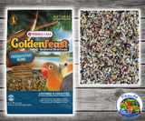 Goldenfeast Patagonian Blend bird food for lovebirds, cockatiels, parrotlets, budgies, and small to medium birds with seeds, fruits, nuts, legumes, ancient grains, quinoa, chia seeds, flaxseed, and protected probiotics.