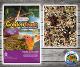 Goldenfeast South American Blend bird food for conures, cockatiels, lovebirds, and medium to large birds with seeds, fruits, vegetables, nuts, legumes, grains, and protected probiotics.