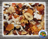 Goldenfeast Tropical Fruit Treat Mix for parrots, macaws, cockatoos, and large birds with dried papaya, pineapple, mango, banana, coconut, berries, figs, apples, and dates. Close Up

