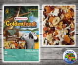 Goldenfeast Tropical Fruit Treat Mix for parrots, macaws, cockatoos, and large birds with dried papaya, pineapple, mango, banana, coconut, berries, figs, apples, and dates.

