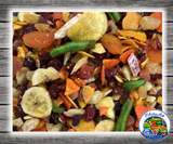 Goldenfeast Veggie Fruit Crunch Mix for parrots, macaws, cockatoos, and large birds with dried fruits and crispy veggie chips including carrots, sweet potatoes, green beans, papaya, pineapple, and berries. Close Up