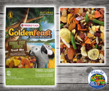 Goldenfeast Veggie Fruit Crunch Mix for parrots, macaws, cockatoos, and large birds with dried fruits and crispy veggie chips including carrots, sweet potatoes, green beans, papaya, pineapple, and berries.