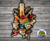 Happy Beaks Chunky Monsters Large Bird Toy with multicolored Java wood, sisal rope, assorted wood blocks, wicker balls, and pear link for macaws, cockatoos, African Greys, Amazons, and large parrots.