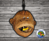 Happy Beaks Coco Monkey Bird Toy made from coconut shell with cuttlebone, wood blocks, metal chain, and pear link for larger parrots to chew, forage, and play.