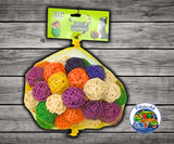 Happy Beaks Colored Vine Ball Foot Toy multicolored shreddable vine ball for birds to use as a foot toy or DIY bird toy part, available in 1.75 inch, 2.5 inch, and 3 inch sizes.