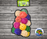 Happy Beaks Colored Vine Ball Foot Toy multicolored shreddable vine ball for birds to use as a foot toy or DIY bird toy part, available in 1.75 inch, 2.5 inch, and 3 inch sizes.