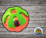 Happy Beaks Extra Large Round Rattle Foot Toy in yellow, orange, and green with a double thick round rattle design and bell inside for macaws, cockatoos, and large parrots.