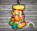 Happy Beaks Hanging Wood Wafers on Leather Bird Toy with multicolored 1 3/8 inch wooden wafers, leather, and pear link for cockatiels, conures, quakers, mini macaws, small cockatoos, and small to medium parrots.