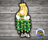 Happy Beaks Large Banana Bird Toy with large wooden banana, slats, beads, metal chain, plastic balls, Liberty Bells, and quick link for macaws, cockatoos, and large parrots.
