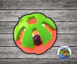 Happy Beaks Large Round Rattle Foot Toy in yellow, orange, and green with a double thick round rattle design and bell inside for macaws, cockatoos, and medium to large parrots.