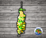 Happy Beaks Large Wooden Pear Parrot Toy with wooden pear, slats, beads, metal chain, plastic balls, Liberty Bells, and quick link for macaws, cockatoos, and medium to large parrots.