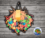 Happy Beaks Medium Cluster of Hanging Wood Balls Toy with multicolored leather, ropes, 1 inch wood spools, beads, and a large center wood block for mini macaws, cockatoos, African Greys, Amazons, and large macaws.