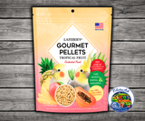 Lafeber Cockatiel Tropical Fruit Gourmet Pellets with natural fruit taste, papaya, mango, pineapple, vitamins, minerals, and omega fatty acids for cockatiels, lovebirds, quakers, rosellas, and similarly sized parrots.