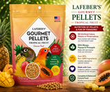 Lafeber Conure Tropical Fruit Gourmet Pellets made with natural fruit taste, papaya, mango, pineapple, vitamins, chelated minerals, and omega 3 and 6 fatty acids for conures, quakers, caiques, senegals, and similarly sized parrots. Promo Image